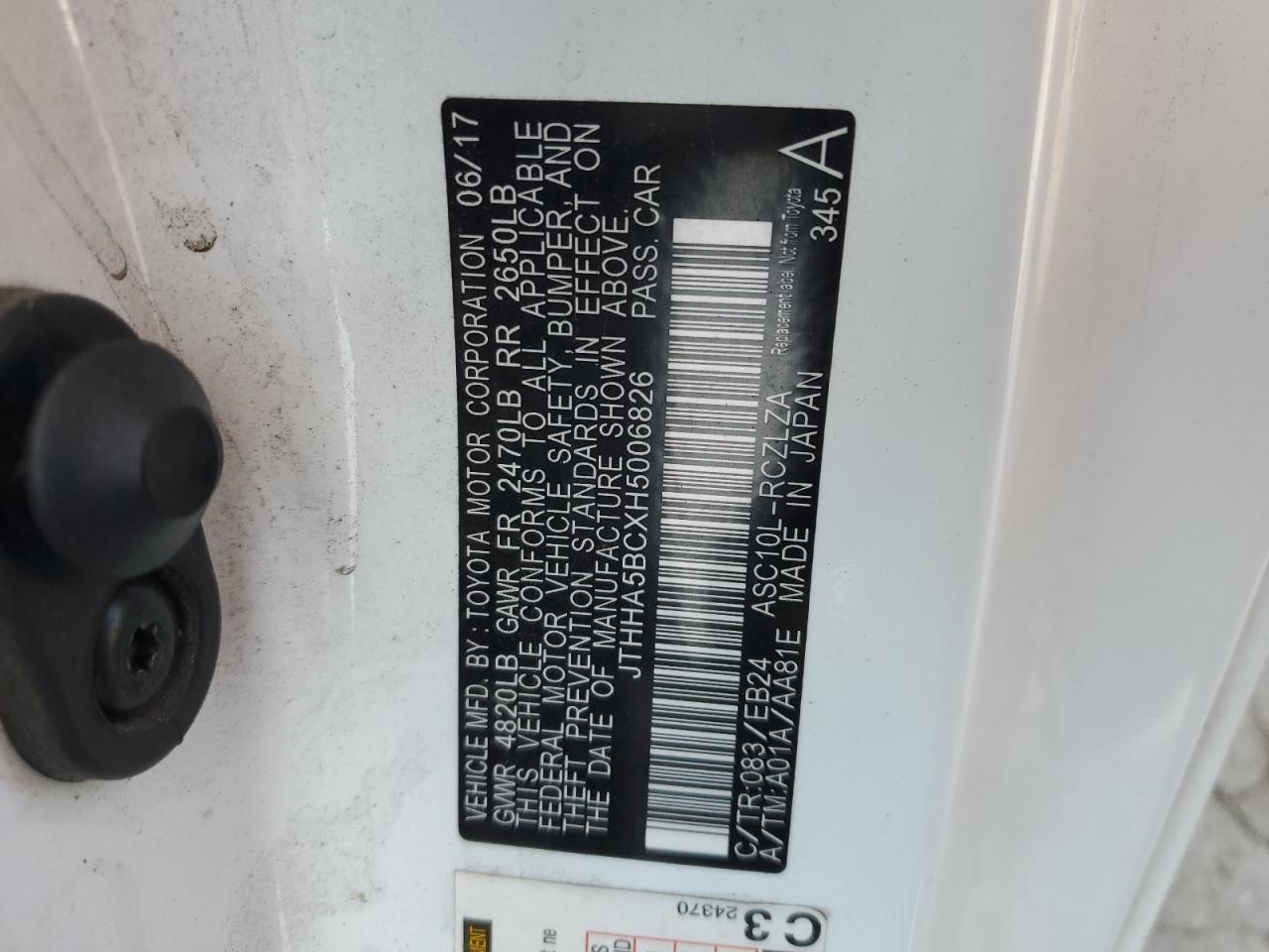 2017 Lexus Rc 200T VIN: JTHHA5BCXH5006826 Lot: 80555465