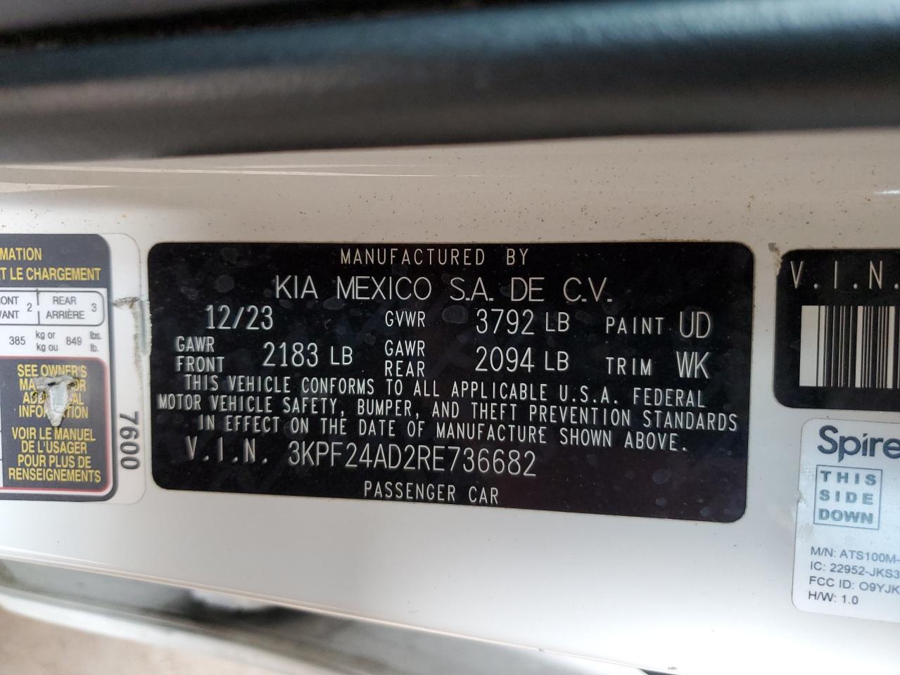 2024 Kia Forte Lx VIN: 3KPF24AD2RE736682 Lot: 81114375