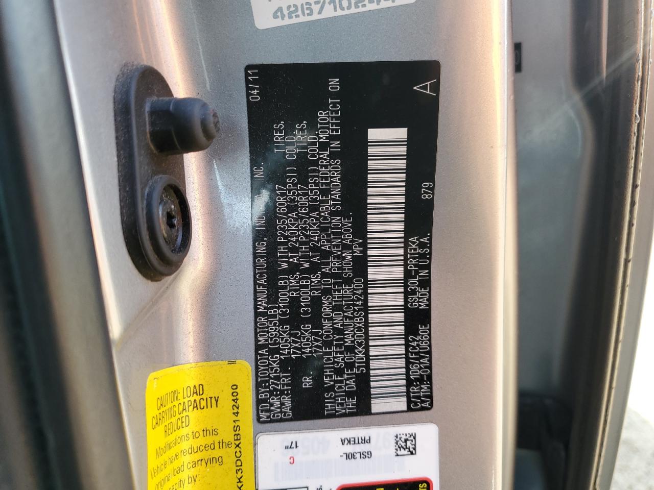 2011 Toyota Sienna Le VIN: 5TDKK3DCXBS142400 Lot: 71993155