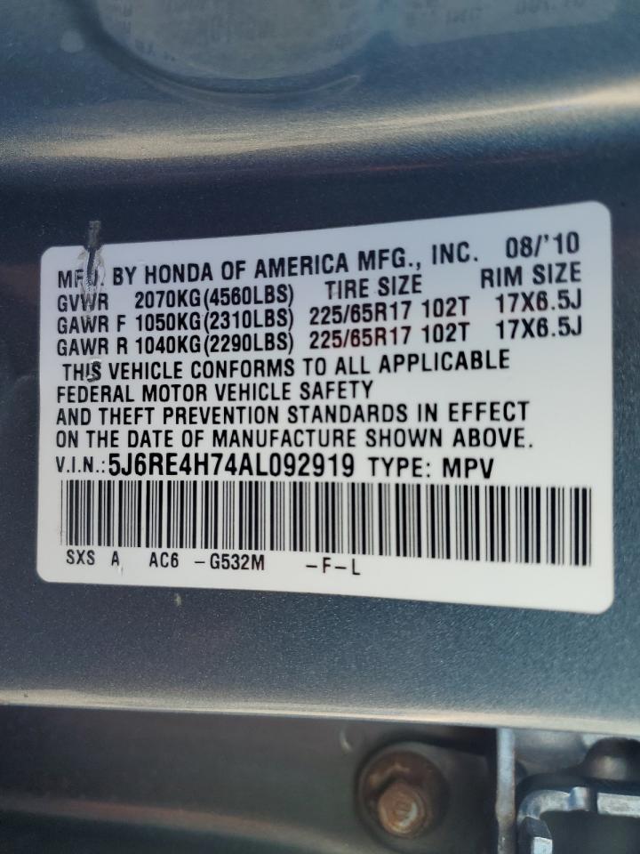 2010 Honda Cr-V Exl VIN: 5J6RE4H74AL092919 Lot: 80804475