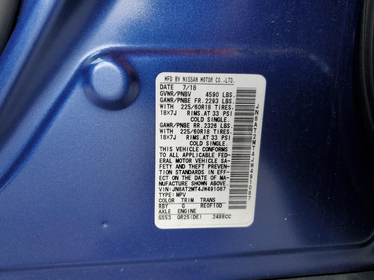 2018 Nissan Rogue S VIN: JN8AT2MT4JW491087 Lot: 81145685