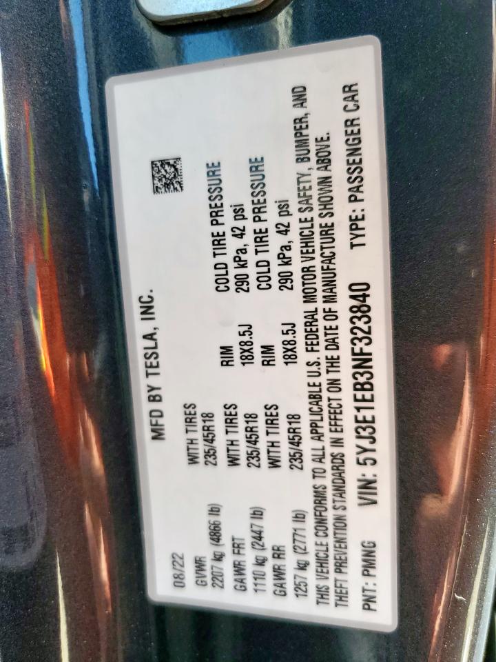 2022 Tesla Model 3 VIN: 5YJ3E1EB3NF323840 Lot: 80919385