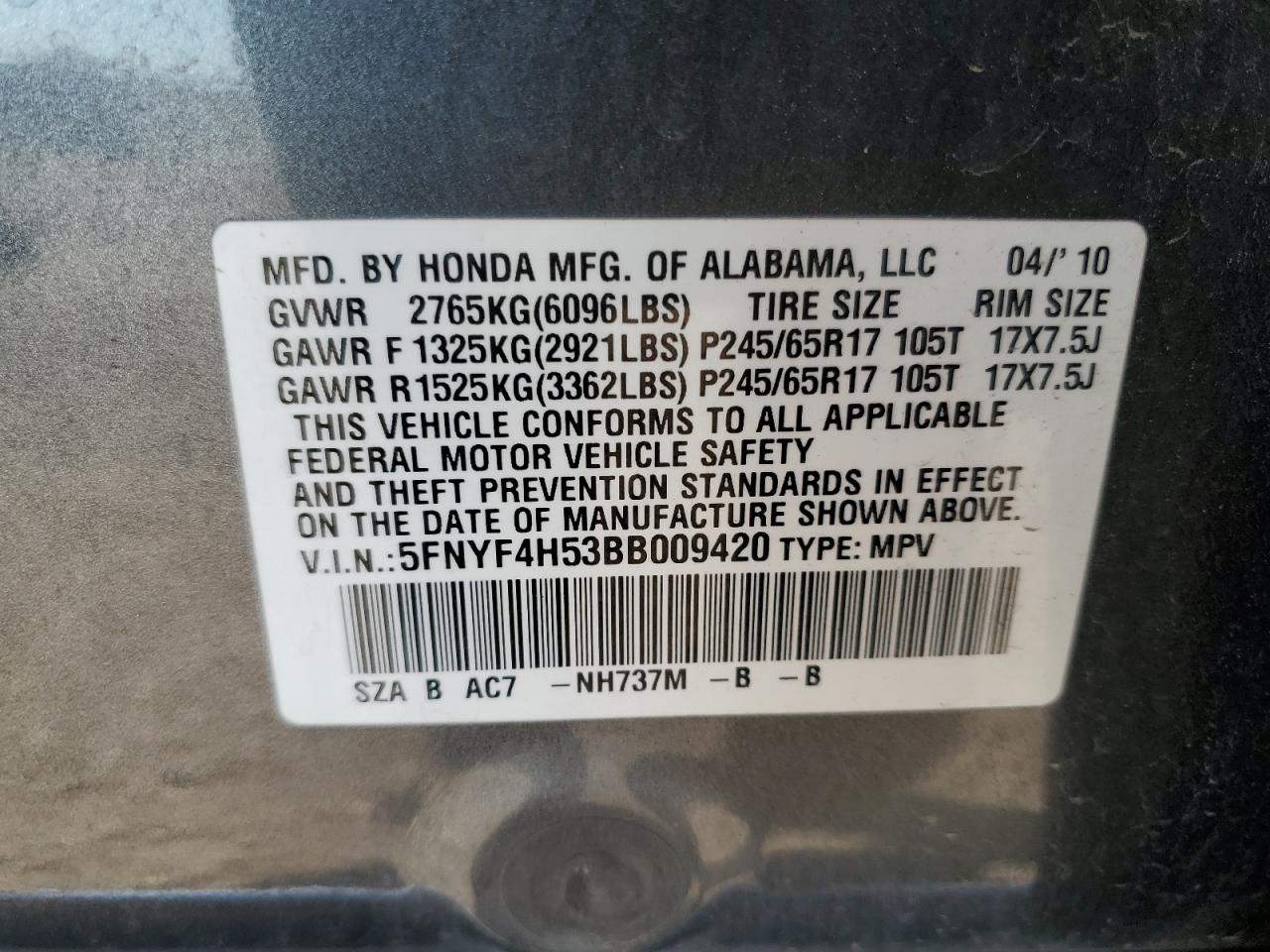 2011 Honda Pilot Exl VIN: 5FNYF4H53BB009420 Lot: 80603395