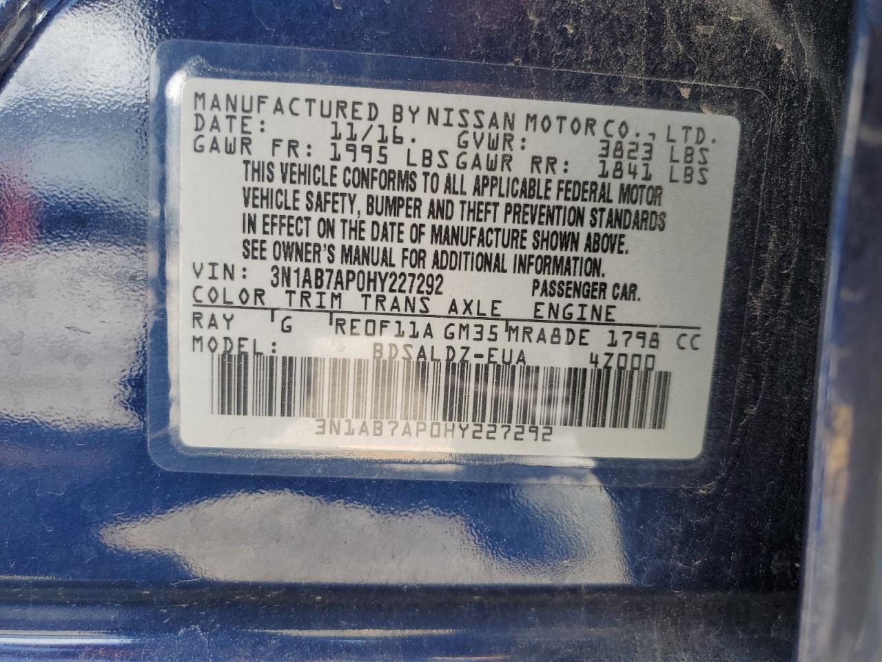 2017 Nissan Sentra S VIN: 3N1AB7AP0HY227292 Lot: 81716015