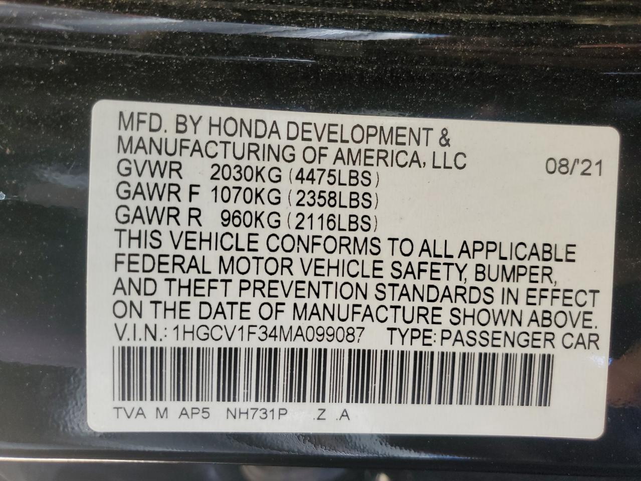 2021 Honda Accord Sport VIN: 1HGCV1F34MA099087 Lot: 80559095