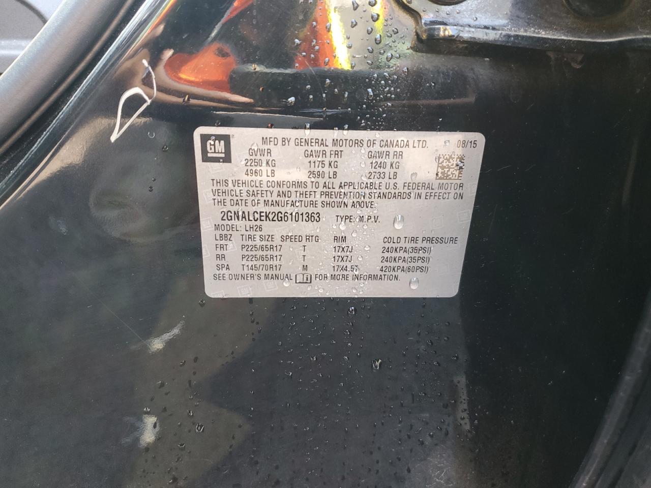 2016 Chevrolet Equinox Lt VIN: 2GNALCEK2G6101363 Lot: 81416755
