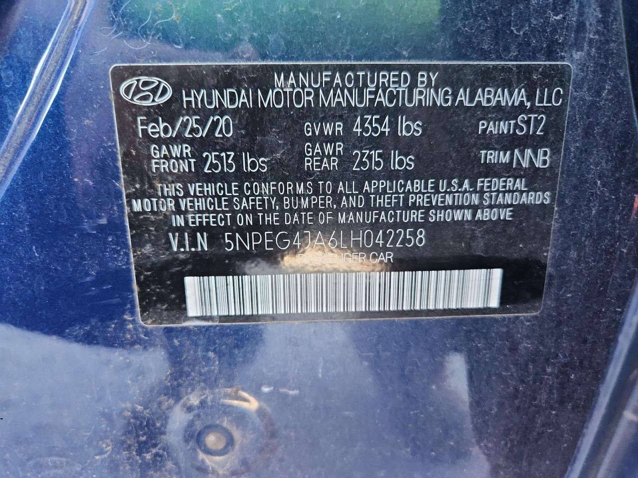 2020 Hyundai Sonata Se VIN: 5NPEG4JA6LH042258 Lot: 81900855