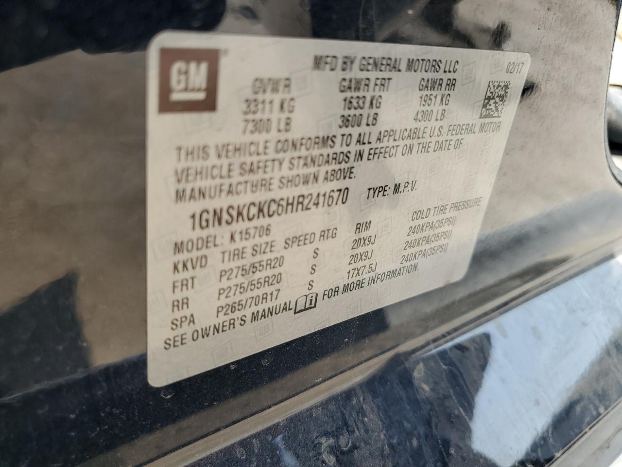 2017 Chevrolet Tahoe K1500 Premier VIN: 1GNSKCKC6HR241670 Lot: 71445705