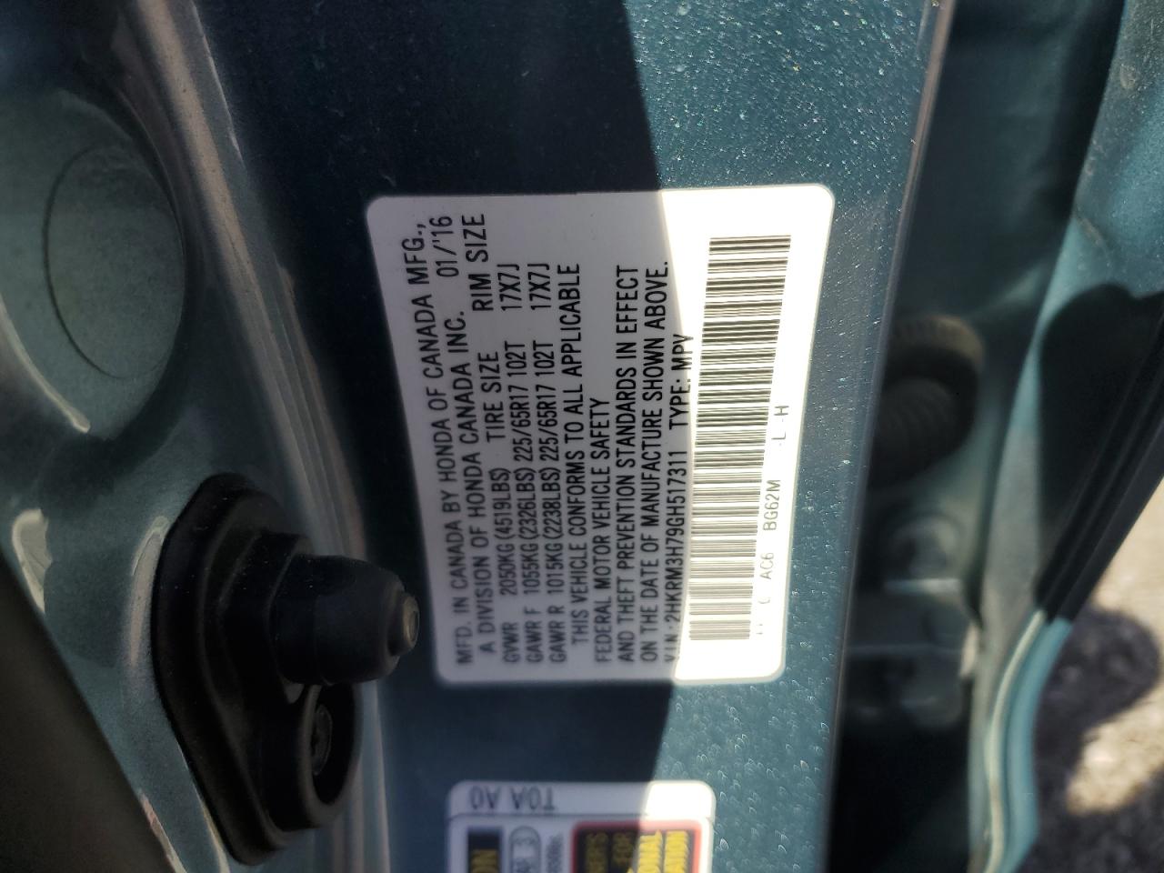 2016 Honda Cr-V Exl VIN: 2HKRM3H79GH517311 Lot: 71298815