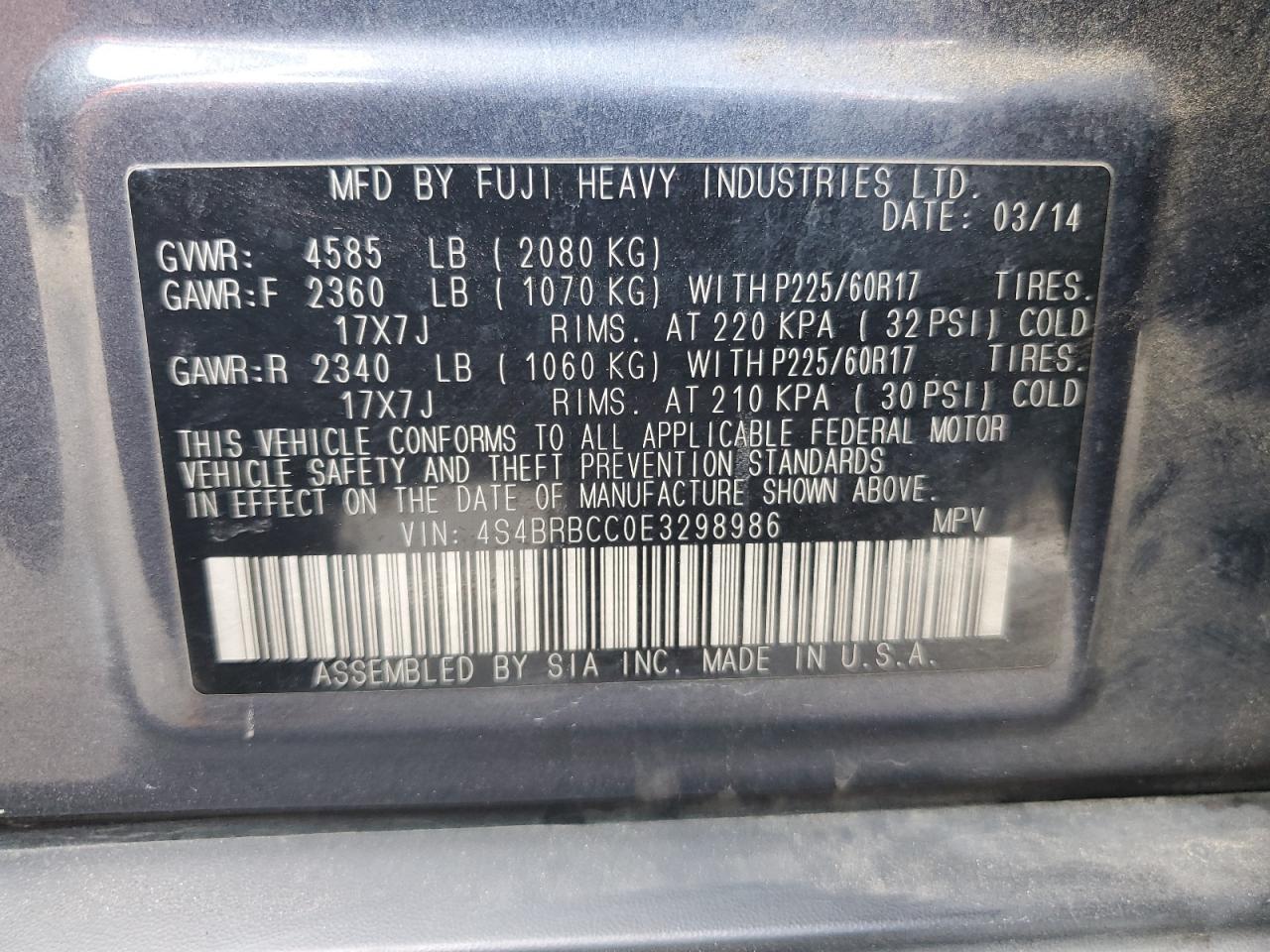 2014 Subaru Outback 2.5I Premium VIN: 4S4BRBCC0E3298986 Lot: 81322845