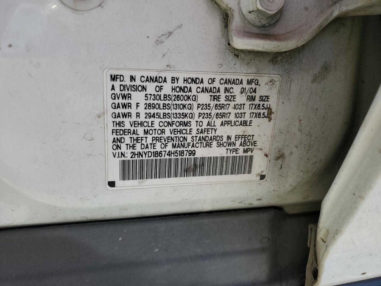 2004 Acura Mdx Touring VIN: 2HNYD18674H518799 Lot: 84049215