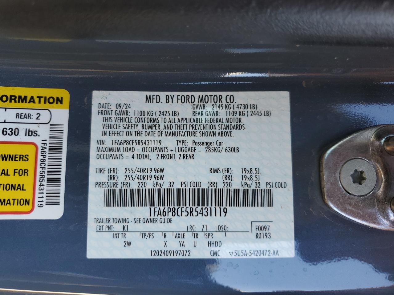 2024 Ford Mustang Gt VIN: 1FA6P8CF5R5431119 Lot: 81600585