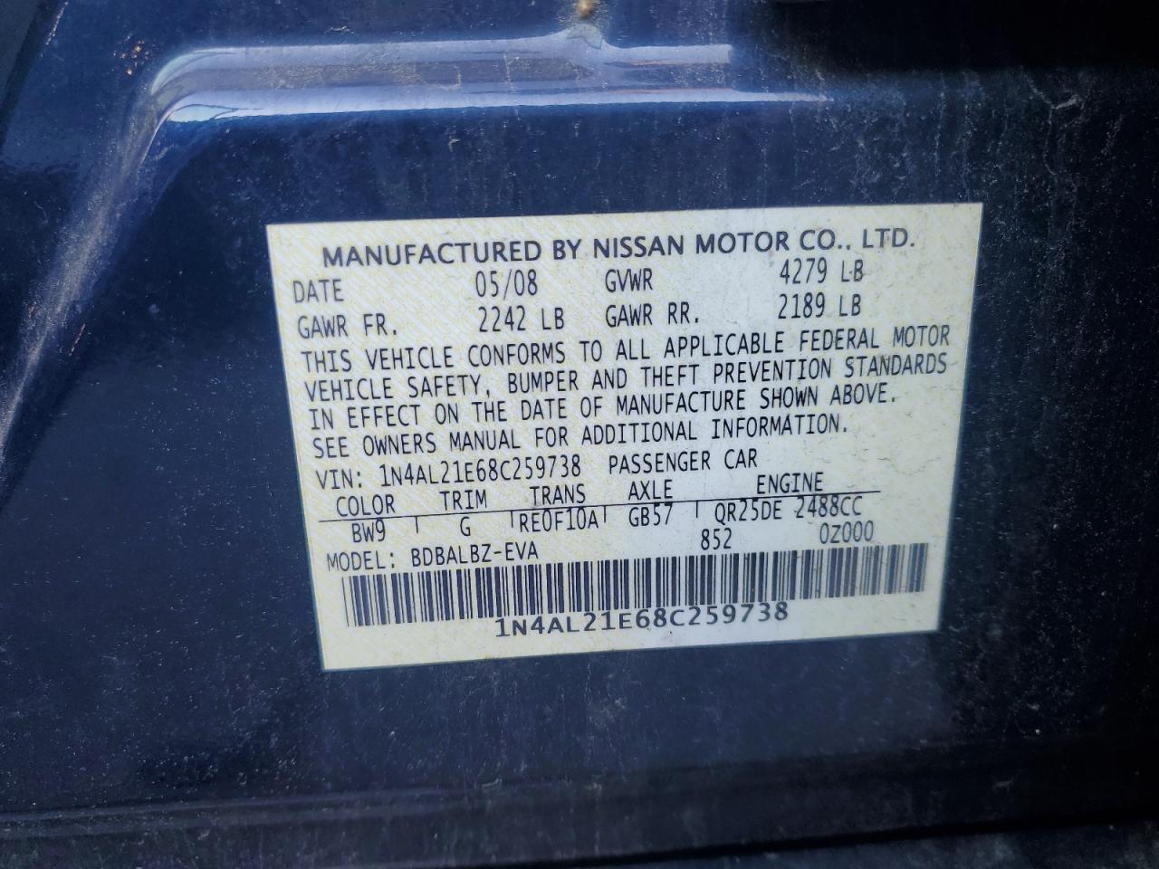 2008 Nissan Altima 2.5 VIN: 1N4AL21E68C259738 Lot: 83815785