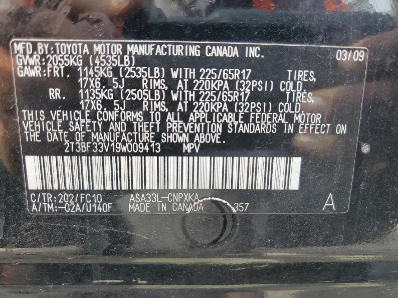2009 Toyota Rav4 VIN: 2T3BF33V19W009413 Lot: 71846665