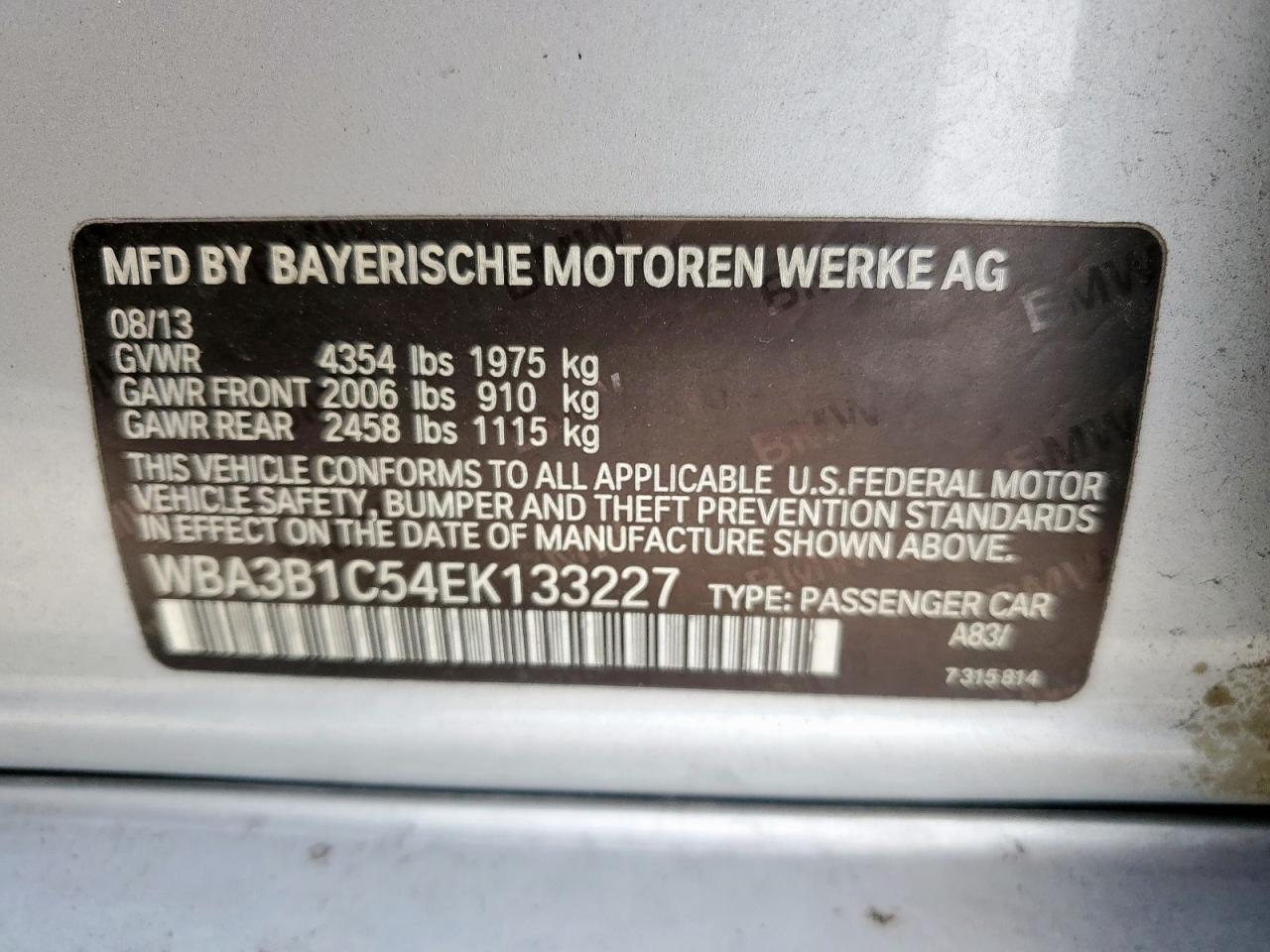 2014 BMW 320 I VIN: WBA3B1C54EK133227 Lot: 71732565