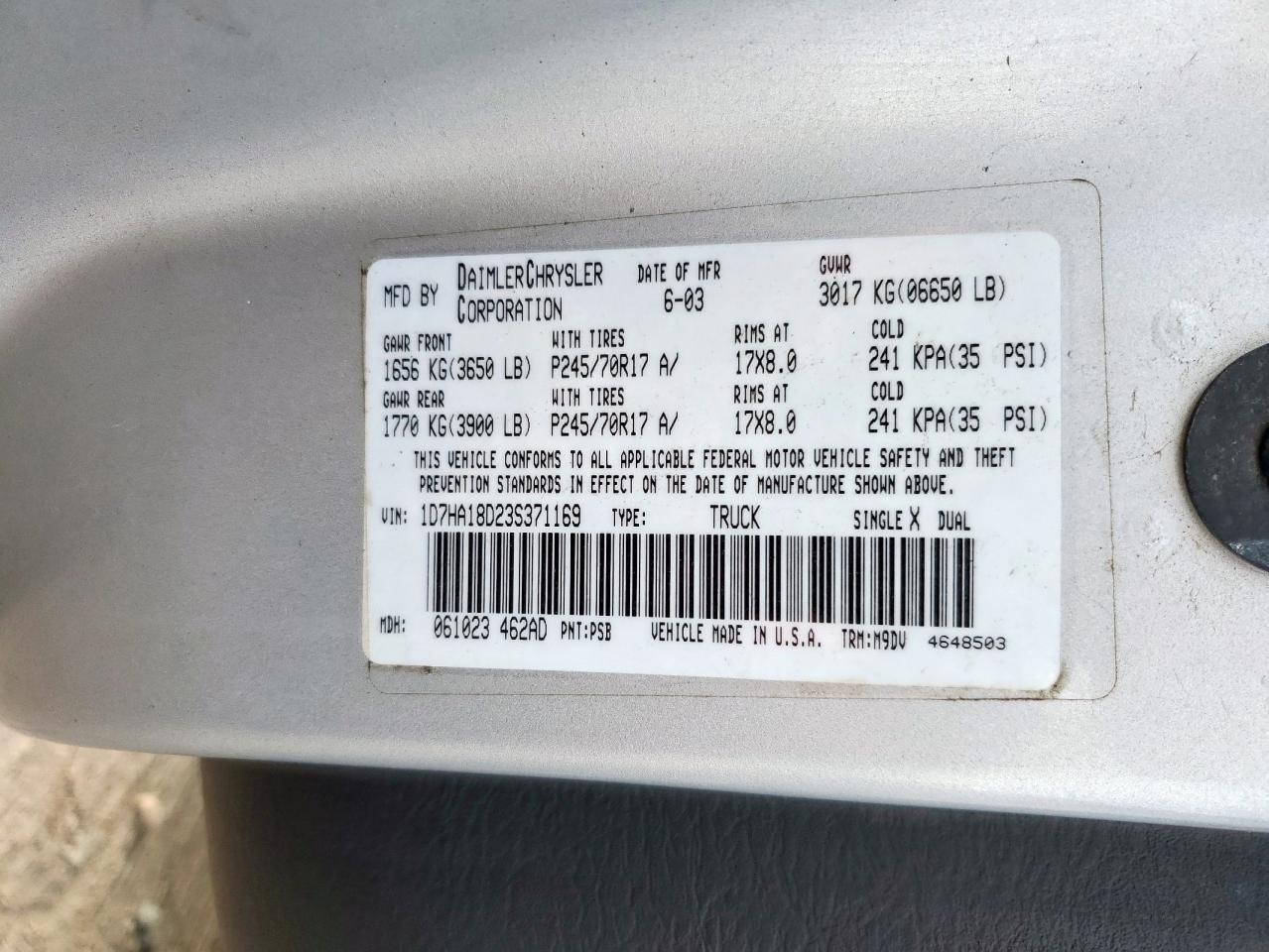 2003 Dodge Ram 1500 St VIN: 1D7HA18D23S371169 Lot: 84072345