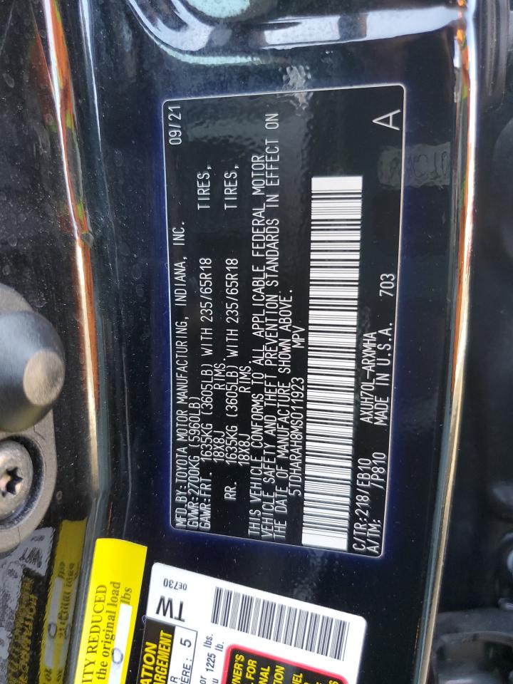 2021 Toyota Highlander Hybrid Xle VIN: 5TDHARAH8MS011923 Lot: 81606685