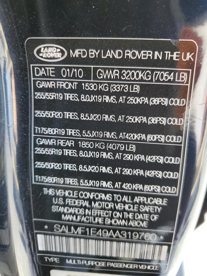 2010 Land Rover Range Rover Hse Luxury VIN: SALMF1E49AA319760 Lot: 81067515