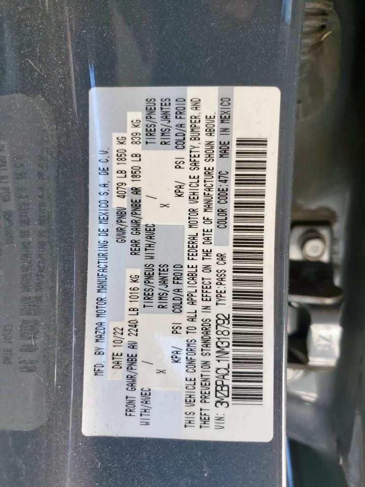 2022 Mazda 3 Preferred VIN: 3MZBPACL1NM318792 Lot: 82146275