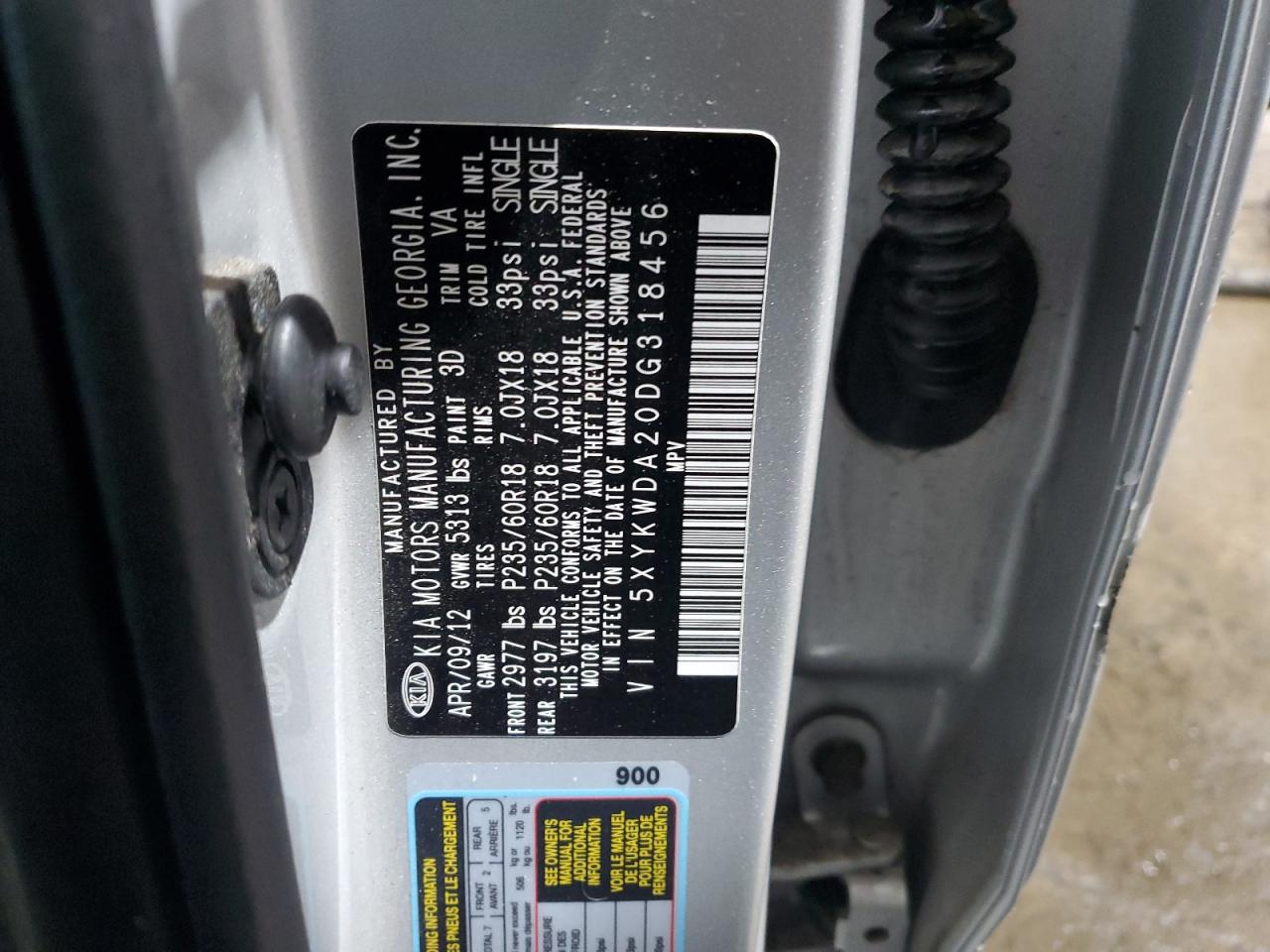 2013 Kia Sorento Sx VIN: 5XYKWDA20DG318456 Lot: 83781535