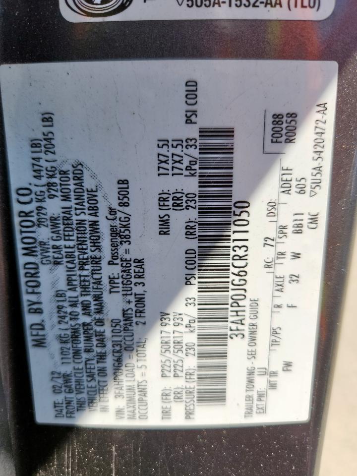 2012 Ford Fusion Sel VIN: 3FAHP0JG6CR311050 Lot: 80572255