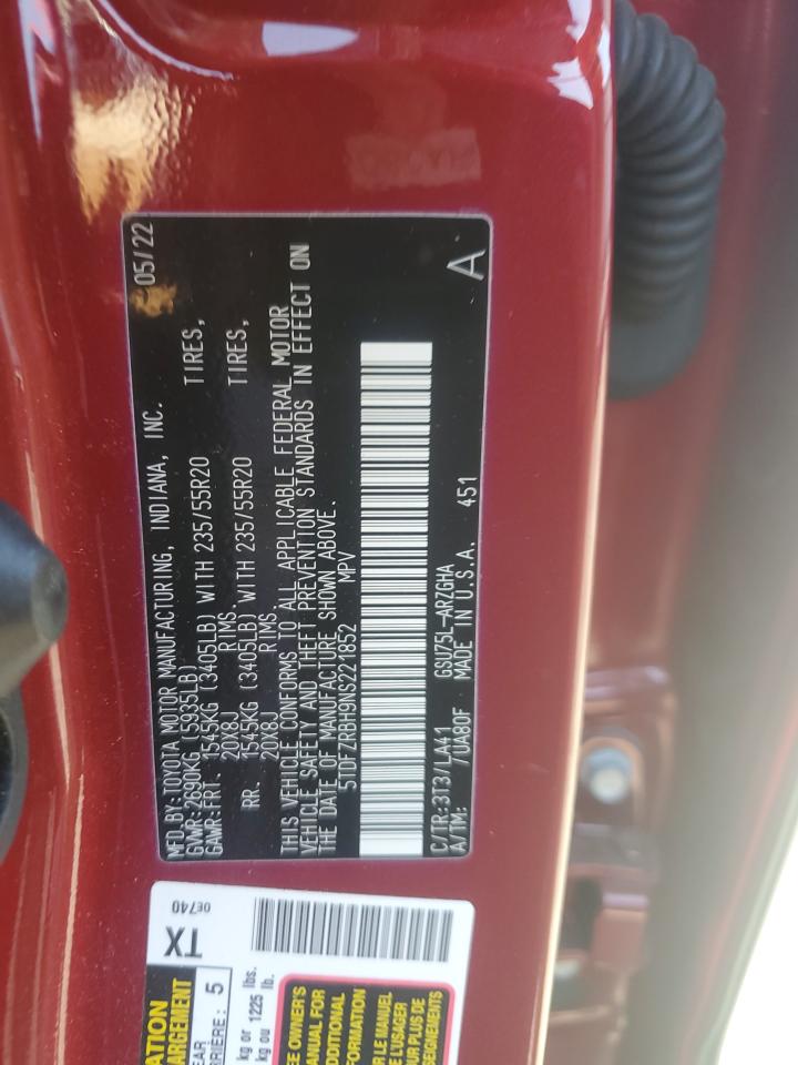 2022 Toyota Highlander Platinum VIN: 5TDFZRBH9NS221852 Lot: 71154015