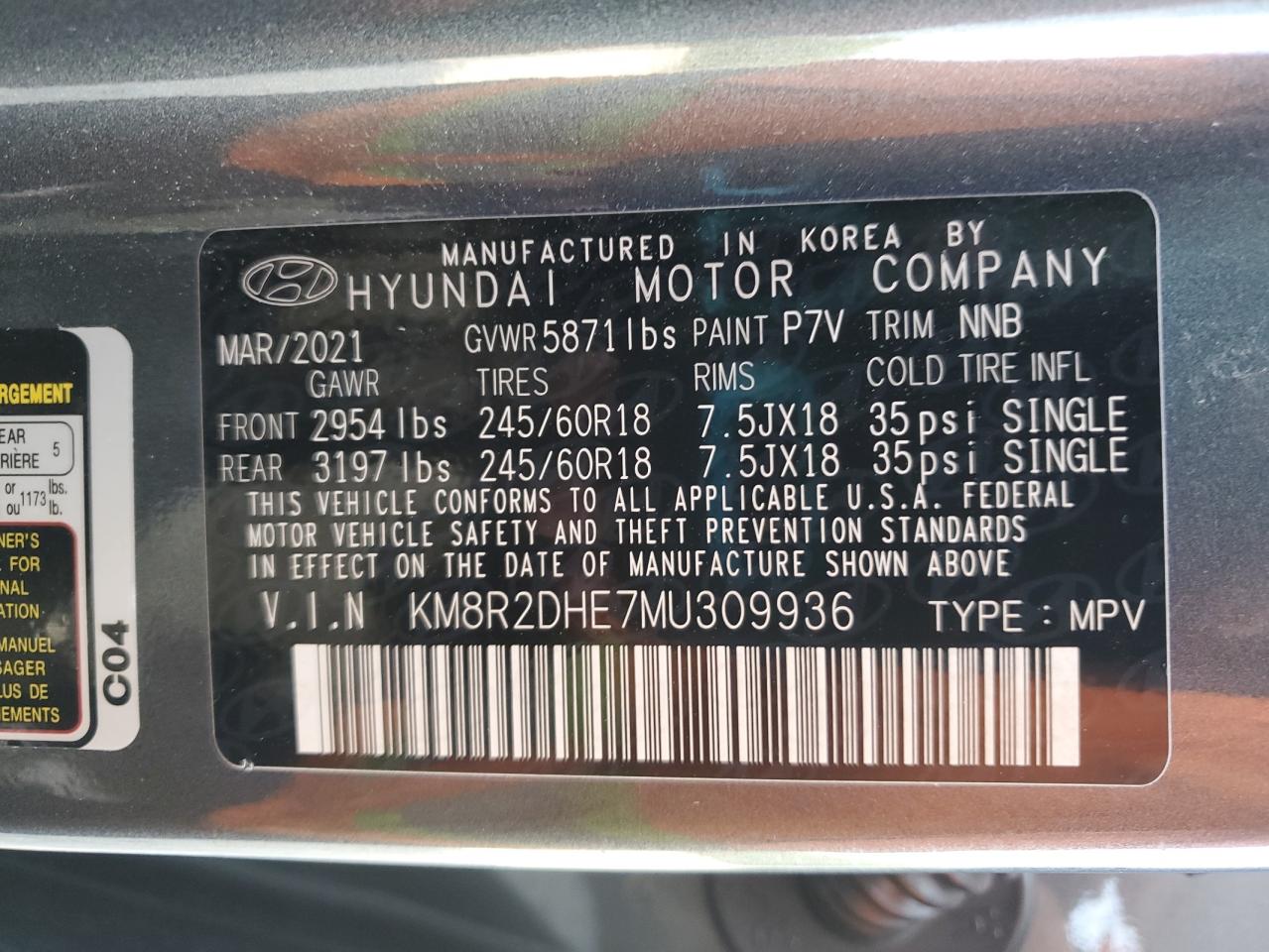 2021 Hyundai Palisade Sel VIN: KM8R2DHE7MU309936 Lot: 80409545