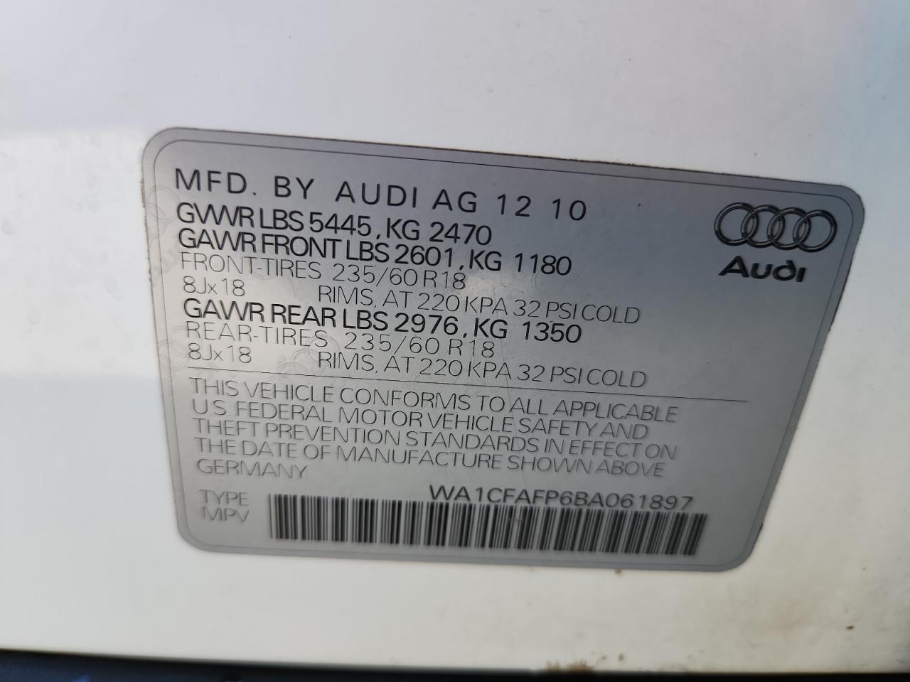 2011 Audi Q5 Premium VIN: WA1CFAFP6BA061897 Lot: 84377815