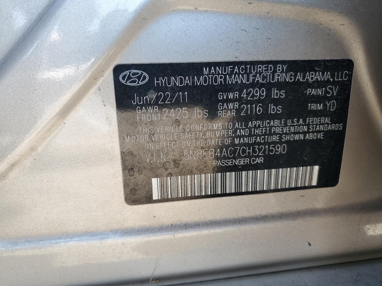 2012 Hyundai Sonata Gls VIN: 5NPEB4AC7CH321590 Lot: 82100535