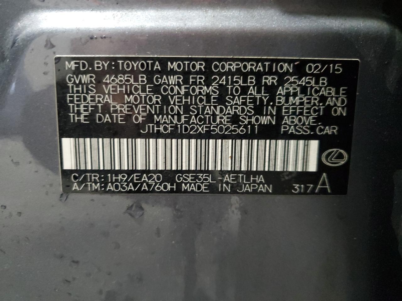 2015 Lexus Is 250 VIN: JTHCF1D2XF5025611 Lot: 86468505