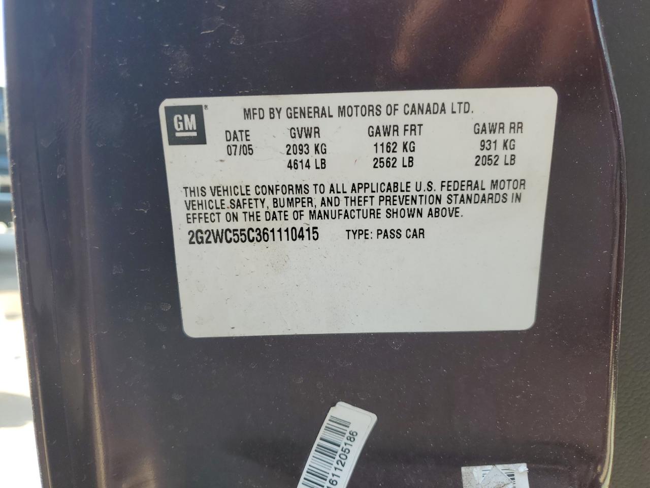2006 Pontiac Grand Prix Gxp VIN: 2G2WC55C361110415 Lot: 80165975