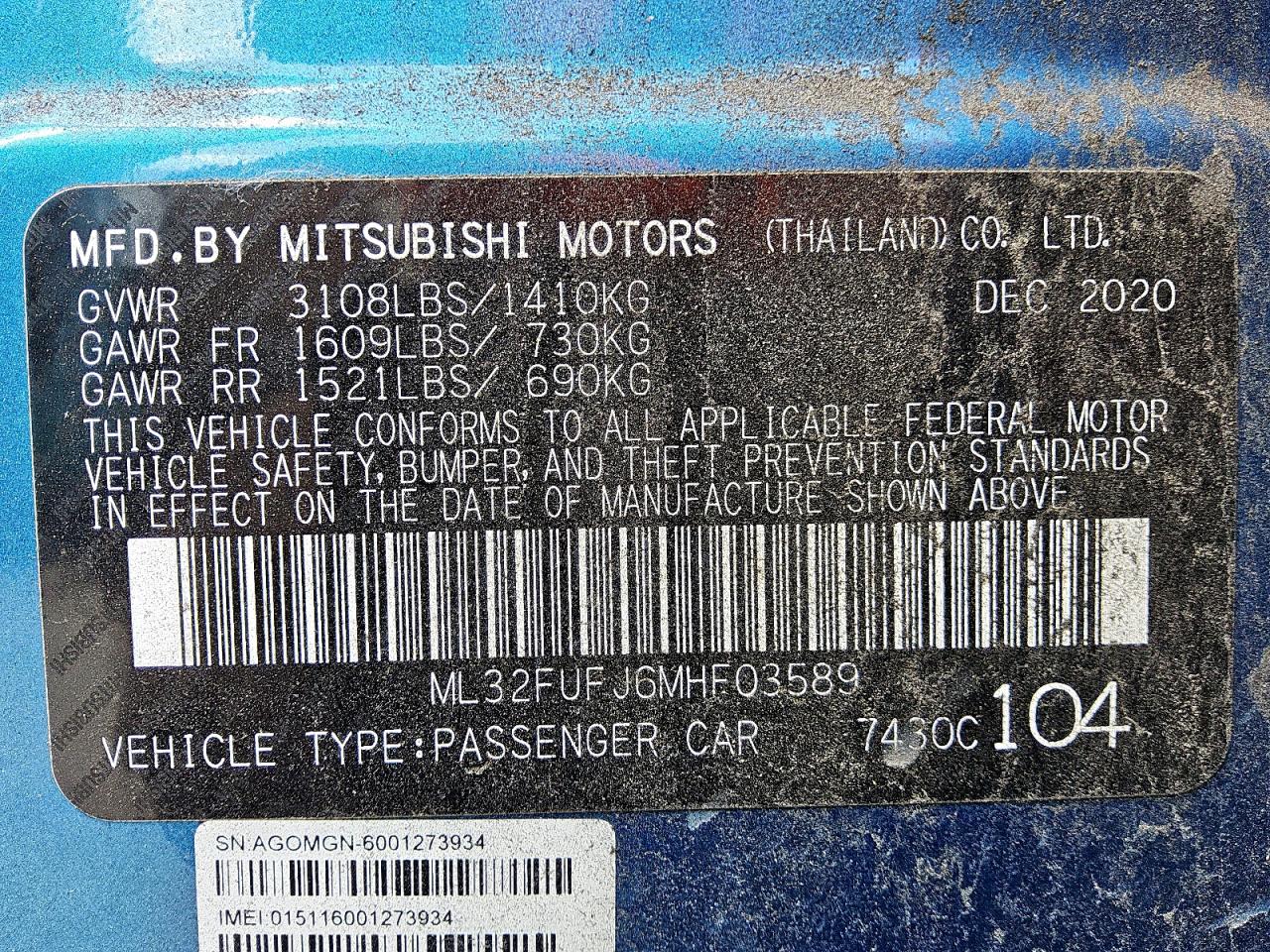 2021 Mitsubishi Mirage G4 Es VIN: ML32FUFJ6MHF03589 Lot: 81423765