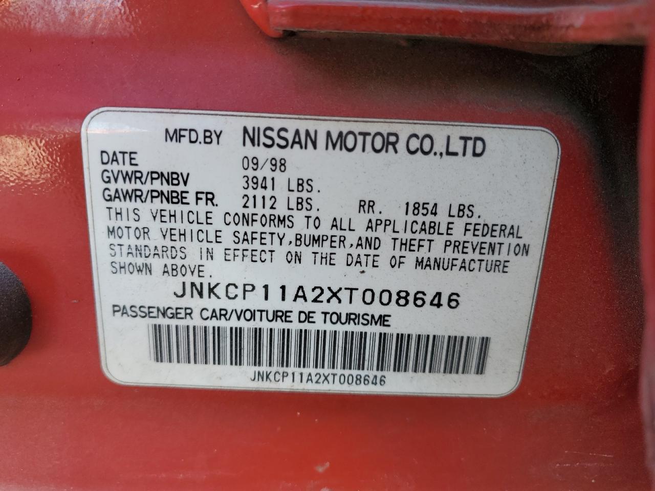 1999 Infiniti G20 VIN: JNKCP11A2XT008646 Lot: 84396745