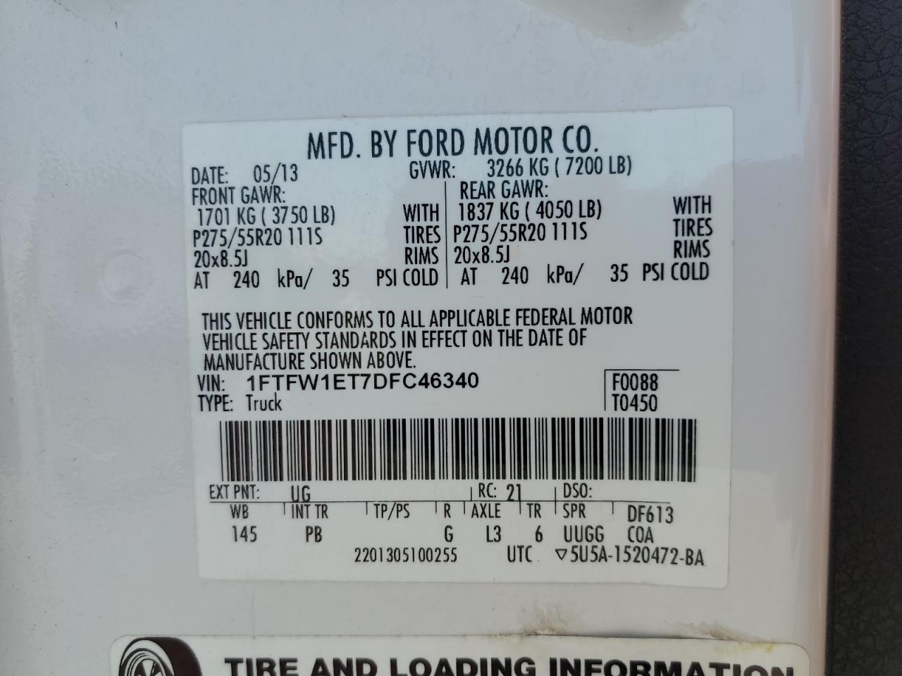 2013 Ford F150 Supercrew VIN: 1FTFW1ET7DFC46340 Lot: 80064505