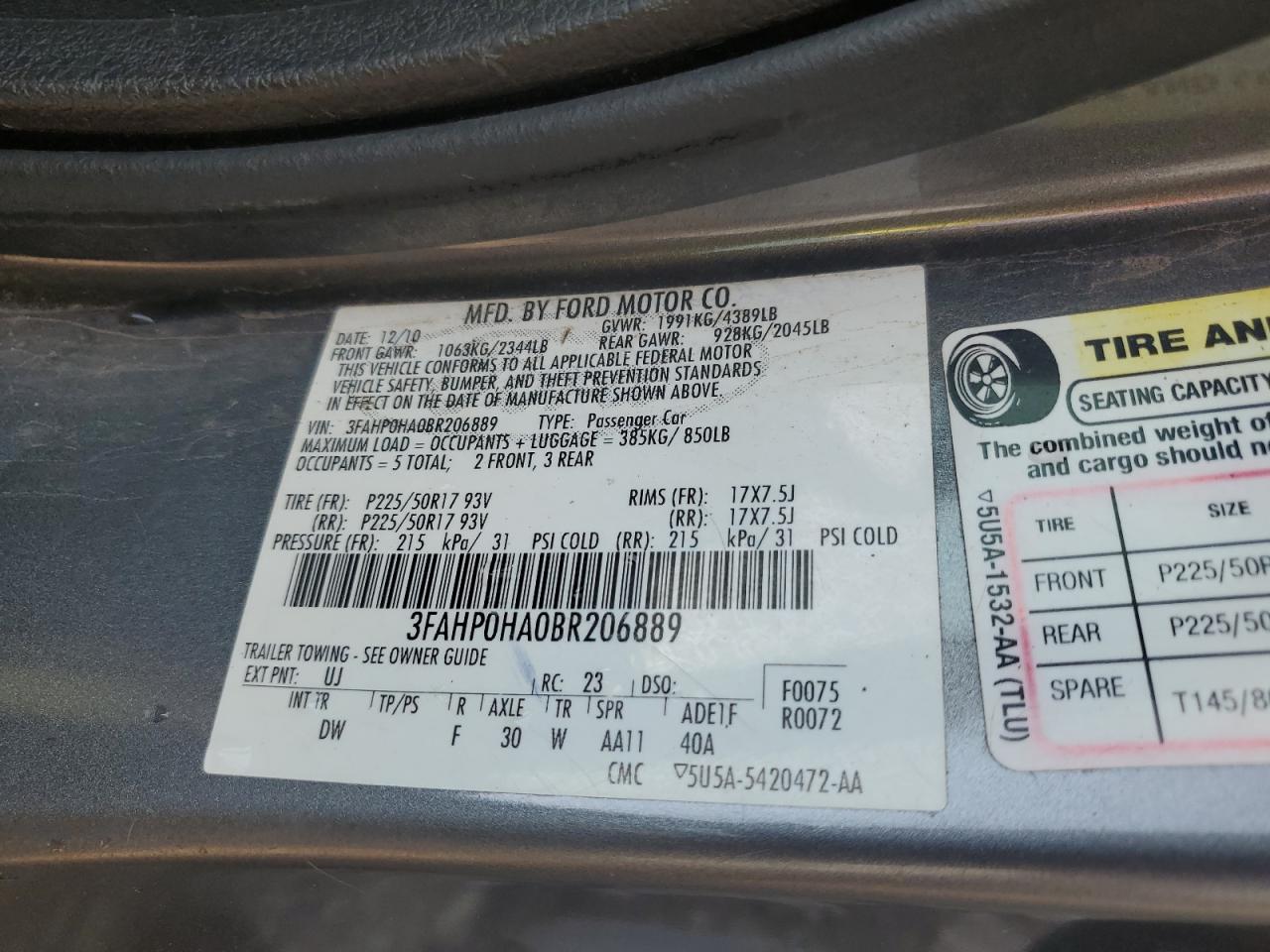 2011 Ford Fusion Se VIN: 3FAHP0HA0BR206889 Lot: 72005855