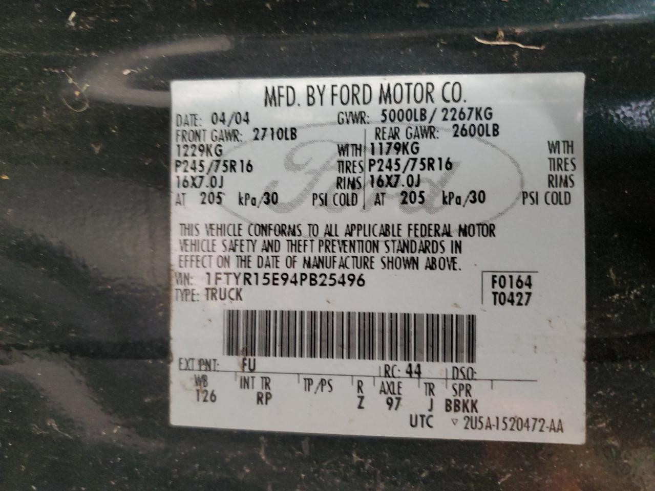 2004 Ford Ranger Super Cab VIN: 1FTYR15E94PB25496 Lot: 69154865