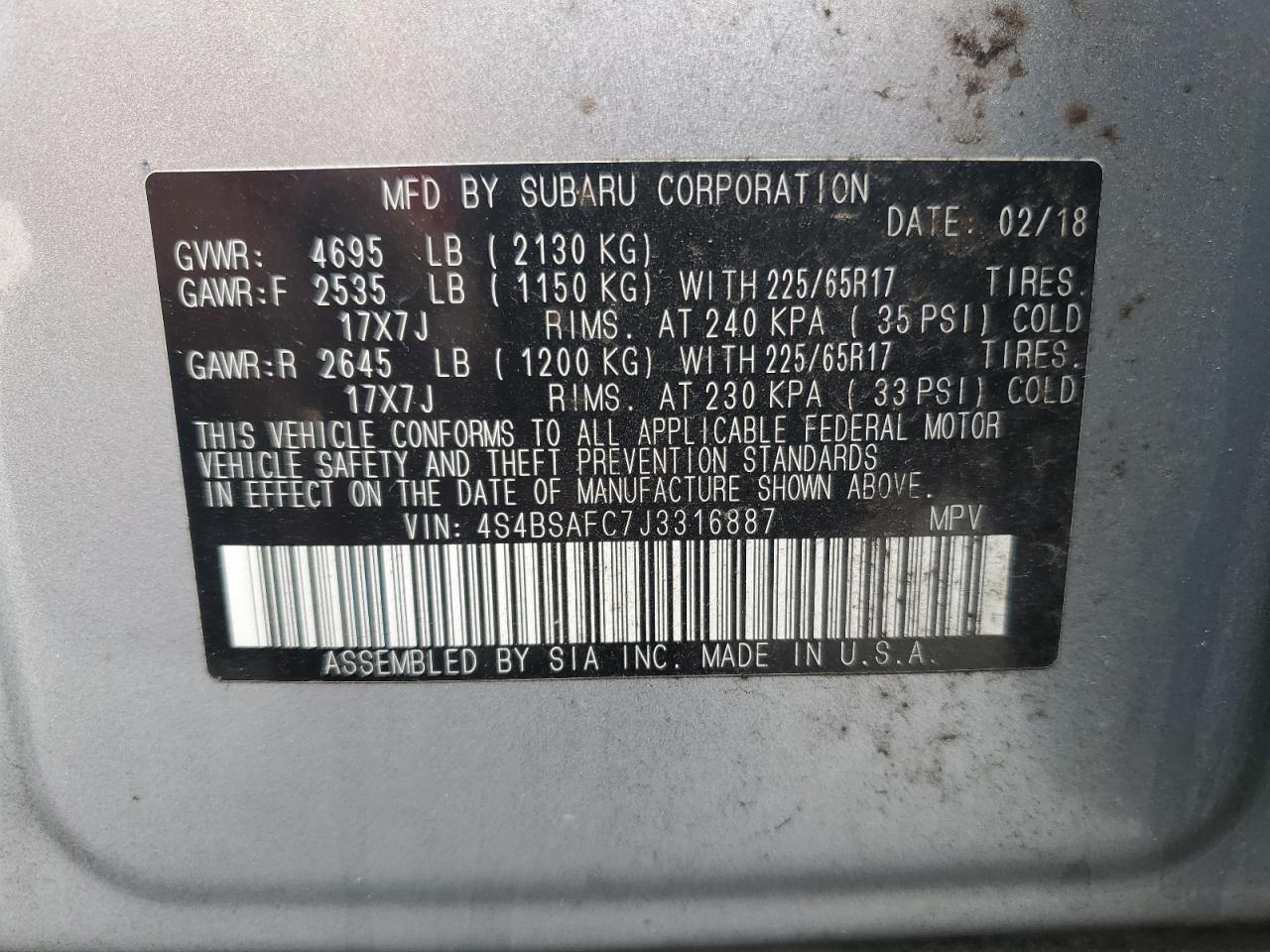 2018 Subaru Outback 2.5I Premium VIN: 4S4BSAFC7J3316887 Lot: 69309685