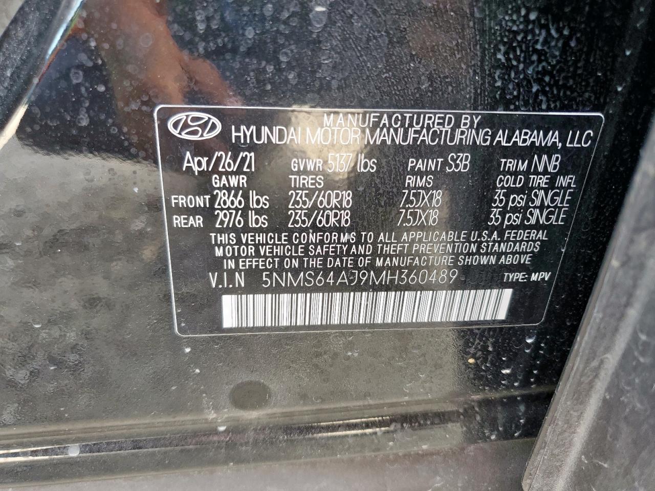 2021 Hyundai Santa Fe Sel VIN: 5NMS64AJ9MH360489 Lot: 80293335