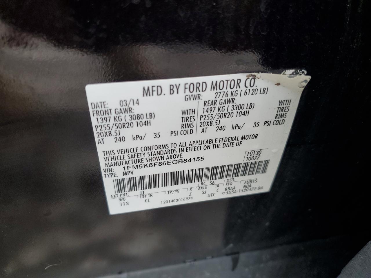 2014 Ford Explorer Limited VIN: 1FM5K8F86EGB84155 Lot: 80411445