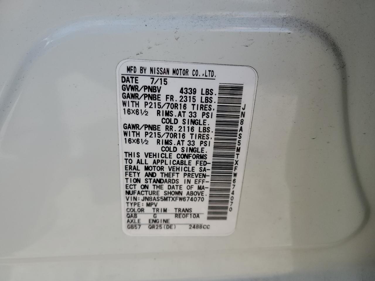 2015 Nissan Rogue Select S VIN: JN8AS5MTXFW674070 Lot: 81755415