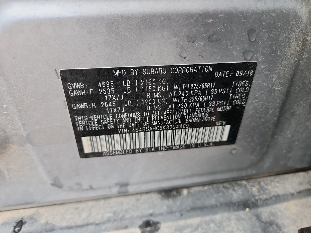 2019 Subaru Outback 2.5I Premium VIN: 4S4BSAHC6K3224409 Lot: 83851255