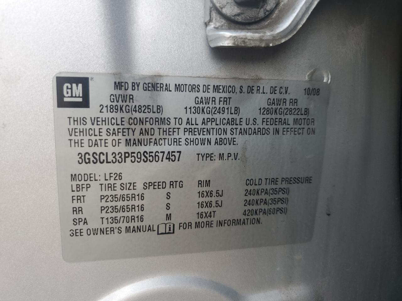 2009 Saturn Vue Xe VIN: 3GSCL33P59S567457 Lot: 81709965