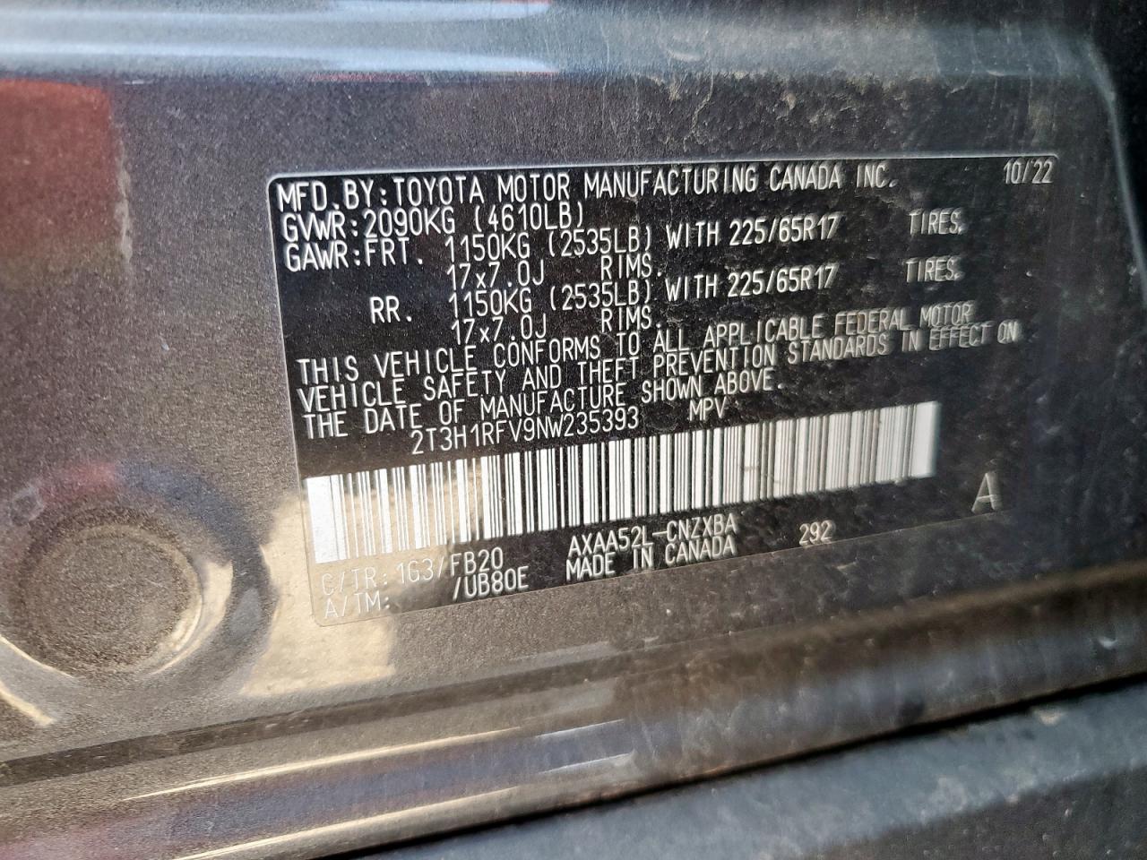 2022 Toyota Rav4 Le VIN: 2T3H1RFV9NW235393 Lot: 84591875