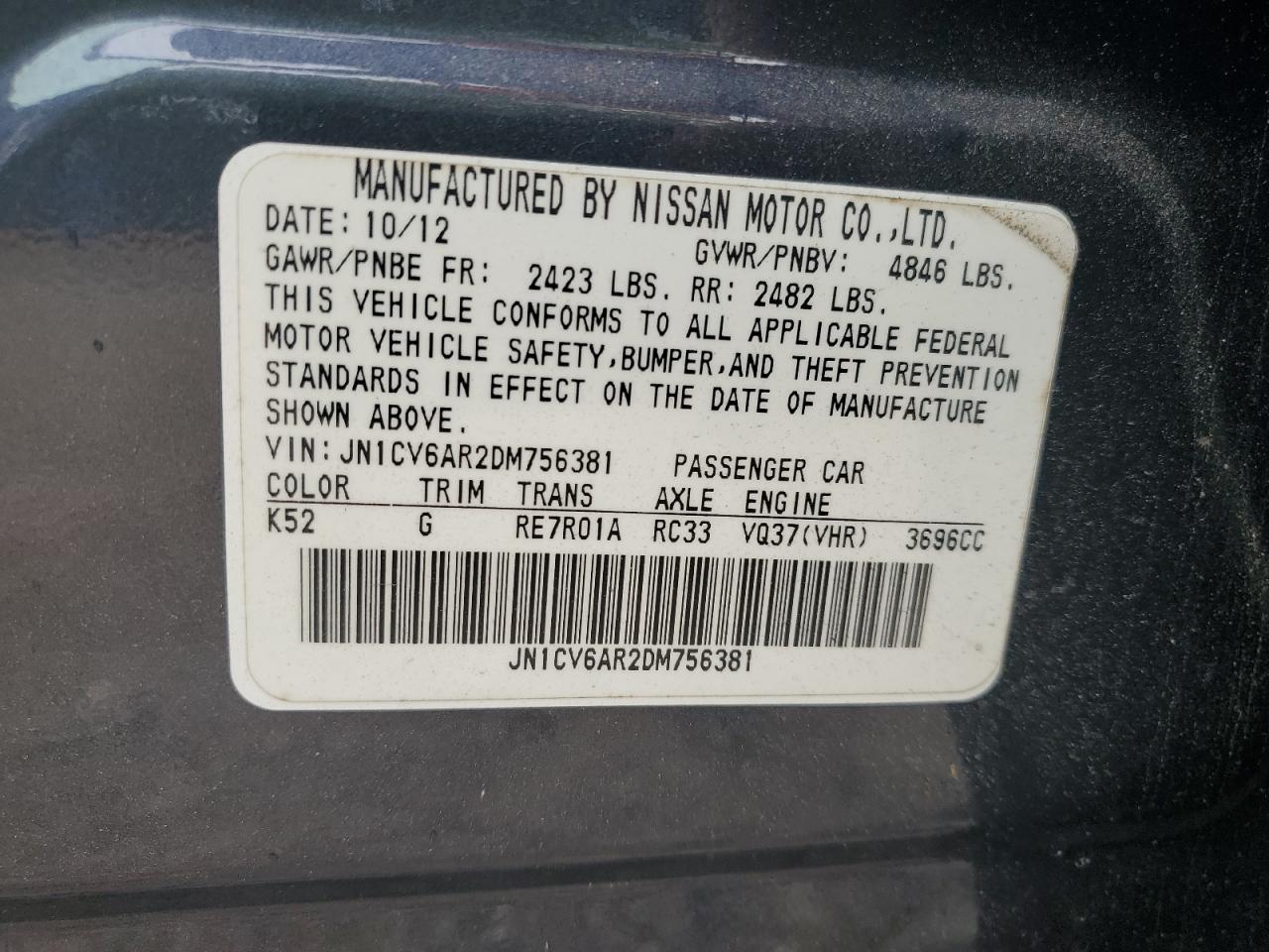 2013 Infiniti G37 VIN: JN1CV6AR2DM756381 Lot: 80854295