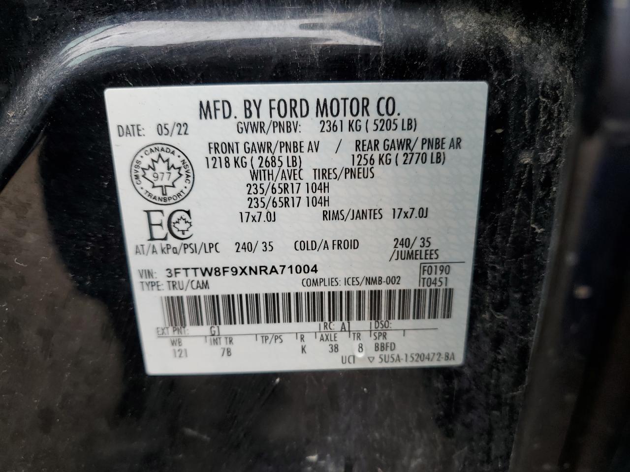 2022 Ford Maverick Xl VIN: 3FTTW8F9XNRA71004 Lot: 82128795