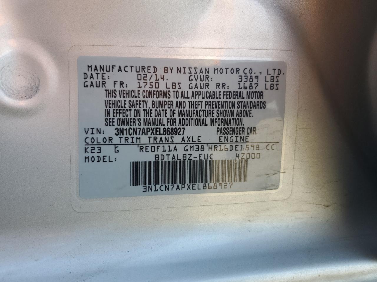 2014 Nissan Versa S VIN: 3N1CN7APXEL868927 Lot: 80692275