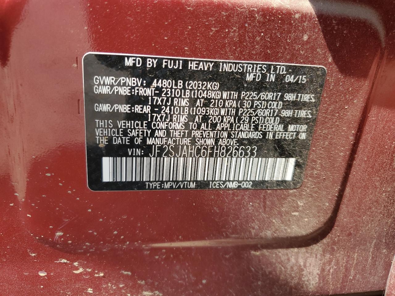 2015 Subaru Forester 2.5I Limited VIN: JF2SJAHC6FH826633 Lot: 80878835