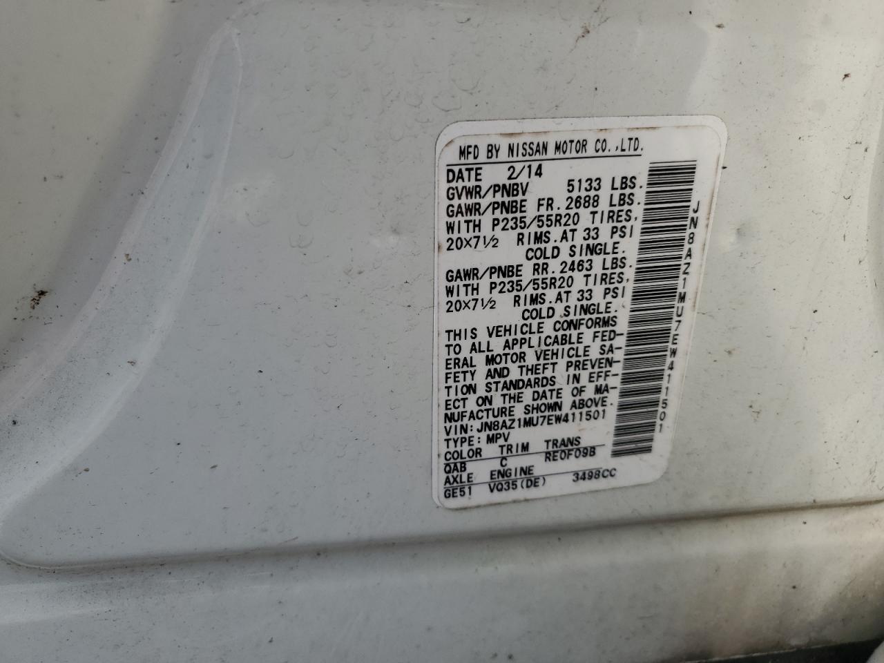 2014 Nissan Murano S VIN: JN8AZ1MU7EW411501 Lot: 80451985