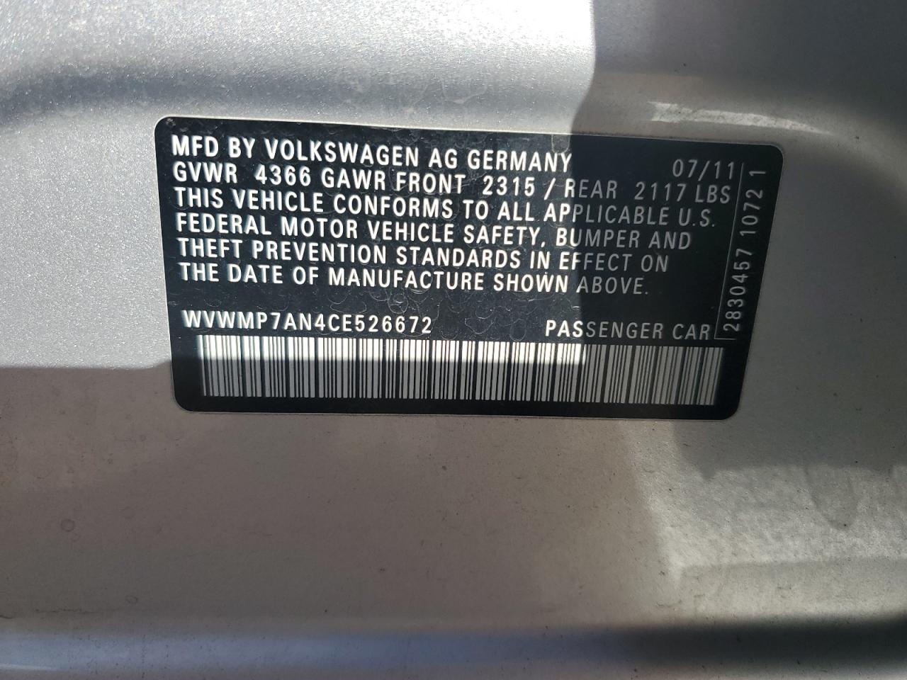 2012 Volkswagen Cc Sport VIN: WVWMP7AN4CE526672 Lot: 81270315