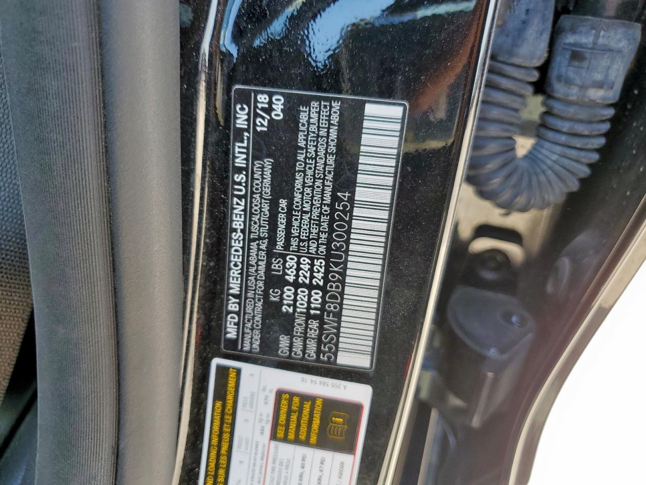 2019 Mercedes-Benz C 300 VIN: 55SWF8DB9KU300254 Lot: 81152745